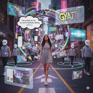 A young woman in a floral dress walks through a futuristic city street surrounded by floating holographic screens and masked, anonymous figures. A thought bubble above her reads: "He looked at me, so we're basically dating. #delulu